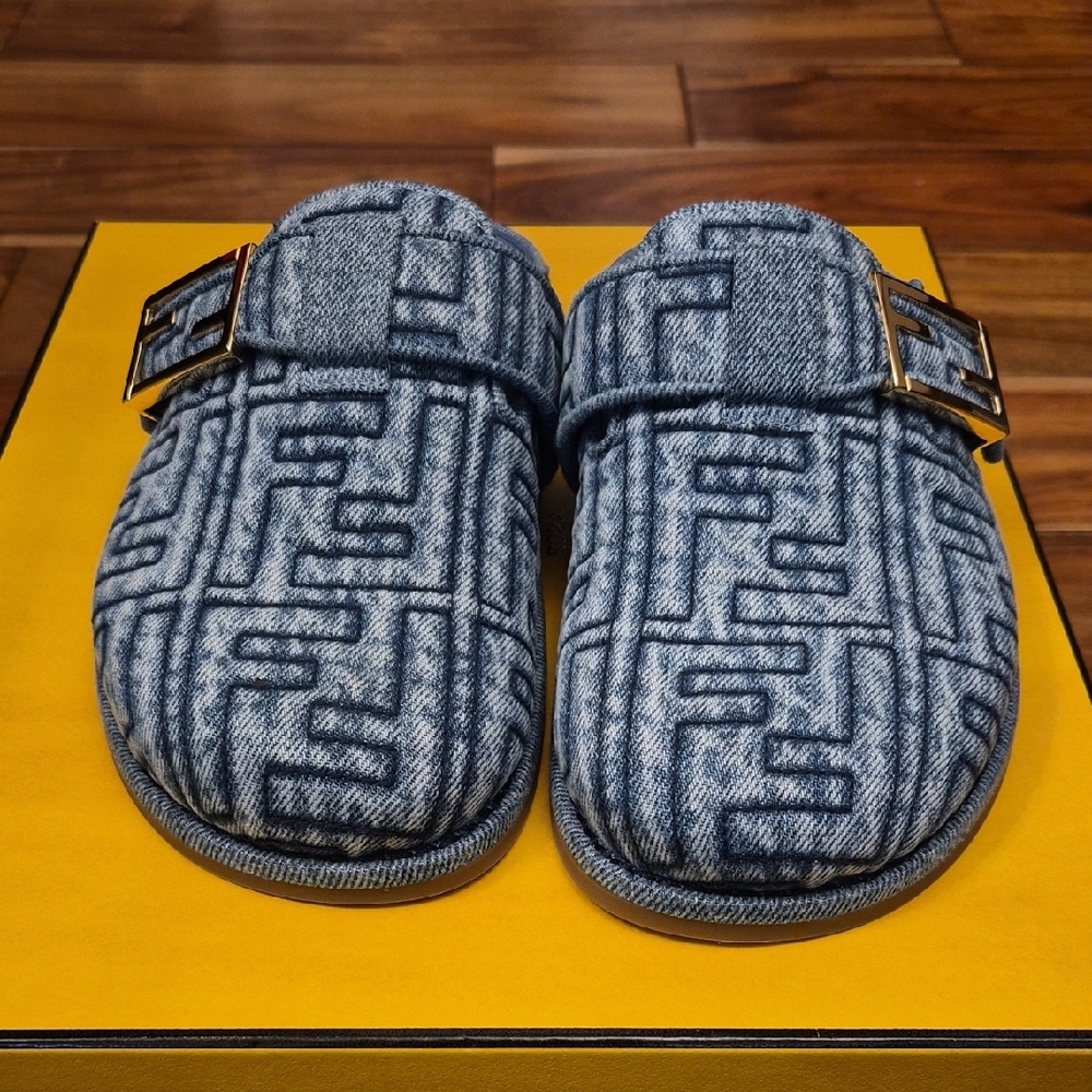 Fendi Sabot Denim Ricamato Matelasse Ff Blu BLU Blue NAVY Slippers SIZE 35